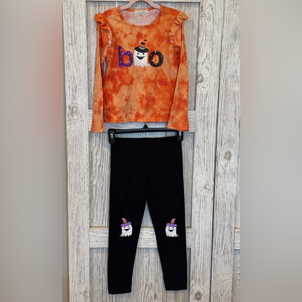 btween Halloween Orange Top and Black Leggings Set sz 7